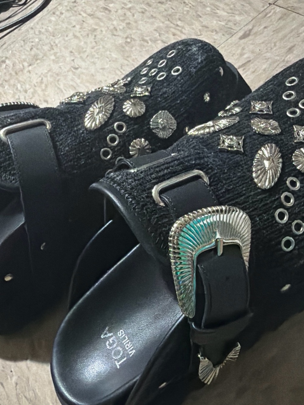 TOGA Black Studded Slide Sandals with Silver Concho Accents
